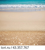 Art beach scene with gentle waves, sandy shoreline. Bright colors create peaceful atmosphere. Generated AI. Sunny beach holidays travel concept. Copy space. Sunny tropic paradise. Plage background. Стоковое AI-изображение, AI-художник Юлия Петровская / Фотобанк Лори