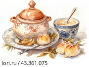 Still life with traditional ceramic dishes and baked goods. On a large ornamented dish there is a ceramic tureen with a lid, a cup with a spoon and several cakes decorated with leaves. The dishes are made in light colors with blue and brown patterns, which gives the scene a cozy and homely atmosphere. The picture looks appetizing and attractive, conveying the warmth and comfort of traditional tea drinking. Стоковое AI-изображение, AI-художник Анна Кривицкая / Фотобанк Лори