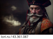 Portrait of an elderly man in a traditional military uniform. He wears an embroidered cap, a fur collar and decorations on his uniform. His face is serious and concentrated, with expressive eyes and a thick mustache that add character and severity to his image. The dark background emphasizes the details of his clothing and face, creating an atmosphere of mystery and respect for the historical figure. Стоковое AI-изображение, AI-художник Анна Кривицкая / Фотобанк Лори