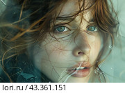 Close-up of the face of a young woman with expressive blue eyes. Her face is partially covered by wet strands of red hair, which are scattered across her face, giving her a mysterious and emotional look. The woman looks a little worried or thoughtful. The background of the image is blurred, which focuses attention on the woman’s face and emotions. The lighting is soft, highlighting the texture of the skin and the sparkle in the eyes, creating an atmosphere of intrigue and sensitivity. Стоковое AI-изображение, AI-художник Анна Кривицкая / Фотобанк Лори