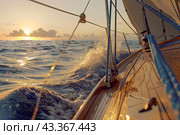A sailing yacht sails through the sea through big waves. Стоковое AI-изображение, AI-художник Ярославский Максим / Фотобанк Лори