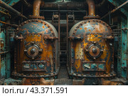 Two old industrial boilers with a rusty and shabby surface. The cauldrons are round in shape and covered with a patina, which gives them a vintage and slightly mysterious look. Surrounded by metal pipes and various industrial equipment. The color scheme of the image includes shades of rusty orange, blue and brown, creating contrast and emphasizing the age and use of the equipment. The image conveys the atmosphere of an abandoned or old factory, reflecting the industrial heritage. Стоковое AI-изображение, AI-художник Анна Кривицкая / Фотобанк Лори