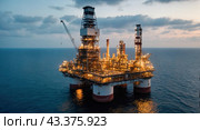 Oil refinery rig in the open sea. Стоковое AI-изображение, AI-художник Tatiana Syrtseva / Фотобанк Лори