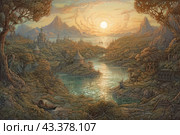 Fantastic landscape, made in fantasy style. In the foreground is a small boat moored near the bank of a river surrounded by dense vegetation and trees. Along the river lies a city with numerous towers and buildings made in a complex architectural style reminiscent of medieval castles and oriental palaces. In the distance you can see high mountains, over which the sun sets, painting the sky in warm golden-orange tones. The water in the river reflects the rays of the setting sun, creating a feeling of magic and mysticism. The entire stage is filled with an atmosphere of peace and harmony, inviting the viewer to plunge into the world of fairy tales and adventures. Стоковое AI-изображение, AI-художник Анна Кривицкая / Фотобанк Лори
