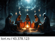 A night scene in the forest, where five women in long dark robes and hoods sit in a circle around a brightly burning lantern. They hold long sticks in their hands and appear to be concentrating on some kind of magical ritual. Hanging magical lamps shine above them, creating a mystical and mysterious atmosphere. There is peace and quiet all around, interrupted only by the flickering of light and the shadow of trees. Стоковое AI-изображение, AI-художник Анна Кривицкая / Фотобанк Лори