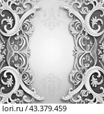 Frame in Roccoco Baroque style. Delicate gray grey white monochrome flowers, soft petals. Image captures the intricate details of blossoms, showcasing delicate beauty. Background with copy space. AI. Стоковое AI-изображение, AI-художник Юлия Петровская / Фотобанк Лори