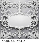 Frame in Roccoco Baroque style. Delicate gray grey white monochrome flowers, soft petals. Image captures the intricate details of blossoms, showcasing delicate beauty. Background with copy space. AI. Стоковое AI-изображение, AI-художник Юлия Петровская / Фотобанк Лори