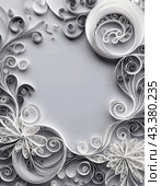 Paper flowers crafted using the quilling technique. The flowers are in shades of gray and white and are arranged in a circular pattern on a grey background. Frame with copy space. AI generated. Стоковое AI-изображение, AI-художник Юлия Петровская / Фотобанк Лори