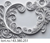 Paper flowers crafted using the quilling technique. The flowers are in shades of gray and white and are arranged in a circular pattern on a grey background. Frame with copy space. AI generated. Стоковое AI-изображение, AI-художник Юлия Петровская / Фотобанк Лори