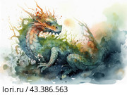 Dragon made using watercolor technique. The dragon is depicted in profile, its body wriggles and is covered with scales that shimmer in green and blue shades. The dragon's head is crowned with horns and a crest, painted in fiery red tones. The background of the painting is abstract, made in pastel colors with spots of paint creating a splash effect. The dragon looks majestic and mystical, as if it came to life from myths and legends. Its powerful paws with claws emphasize the strength and grace of the mythical creature. Стоковое AI-изображение, AI-художник Анна Кривицкая / Фотобанк Лори