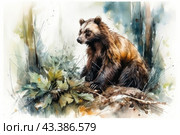 Wolverine in its natural environment. The animal sits on the ground, surrounded by dense vegetation. The wolverine has thick fur that ranges from dark brown to golden shades, creating a beautiful contrast. She looks carefully to the side, as if listening to surrounding sounds. The wolverine's paws are powerful, with large claws that highlight its strength and ability to survive in the wild. The background of the painting is made in watercolor technique with blurred colors, creating the feeling of a forest environment with trees and leaves. The overall atmosphere of the picture conveys the spirit of wild nature and freedom. Стоковое AI-изображение, AI-художник Анна Кривицкая / Фотобанк Лори