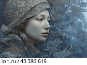 The plan shows the profile of a young woman with oriental features. She wears a headdress and clothing adorned with intricate and detailed designs of leaves and flowers. The main tones of the image are cool blue and gray shades, which give the image a special atmosphere and mood. The woman's eyes are full of calm and thoughtfulness, her hair flows smoothly over her shoulders. The detailed background blends harmoniously with her clothing, creating an effect of unity and completeness of the composition. Стоковое AI-изображение, AI-художник Анна Кривицкая / Фотобанк Лори