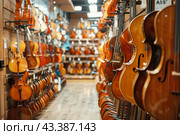 Violins hanging on a wall in a music store, showcasing musical instruments and artistry. Стоковое AI-изображение, AI-художник Юрий Поздников / Фотобанк Лори