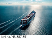Export freight transportation by container ship. Aerial view of container ship sailing in open sea/ocean on skyline, sunny daytime. Cargo shipping business logistics import concept. Copy ad text space. Стоковое AI-изображение, AI-художник Aleksandr Golubev / Фотобанк Лори