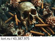 Смерть от курения. Старый человеческий череп среди окурков и увядших цветов. Стоковое AI-изображение, AI-художник Щеголева Ольга / Фотобанк Лори