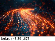 Abstract light paths reminiscent of energy flows or data moving through digital space. Glowing orange dots and lines create a sense of movement and dynamics, passing through a dark background that emphasizes their brightness and contrast. These light paths bend and intersect to create a complex and beautiful pattern. The background of the image is made in dark blue and black tones, which adds depth and mysticism to the scene. The whole image resembles a visualization of data or energy flows in a high-tech environment. Стоковое AI-изображение, AI-художник Анна Кривицкая / Фотобанк Лори