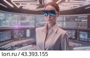Mysterious and alluring spy woman, dressed in crisp white shirt and sleek sunglasses, stands confidently in front of cutting-edge government control room, embodying power and influence she possesses. Стоковое AI-видео, аниматор Данила Большаков / Фотобанк Лори