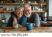 Smiling Senior Couple Enjoying Coffee Together In Their Home Kitchen. Стоковое AI-изображение, AI-художник Юлия Гапеенко / Фотобанк Лори