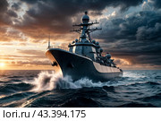 Modern rocket cruiser military warship sailing in open stormy sea at sunset cloudy sky, naval military control of sea. Protection of water state borders. Naval forces army concept. Copy ad text space. Стоковое AI-изображение, AI-художник Aleksandr Golubev / Фотобанк Лори