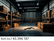 Packaged weapon inside military storage, guns in metal and wooden boxes stored in dark warehouse. Illegal smuggle arsenal of firearm. Concept of war, industry, violence, security. Copy ad text space. Стоковое AI-изображение, AI-художник Aleksandr Golubev / Фотобанк Лори