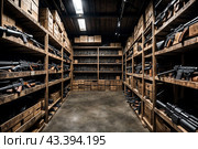 Packaged weapon inside military storage, guns in metal and wooden boxes stored in dark warehouse. Illegal smuggle arsenal of firearm. Concept of war, industry, violence, security. Copy ad text space. Стоковое AI-изображение, AI-художник Aleksandr Golubev / Фотобанк Лори