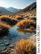 Landscape photo of Laguna Colorada lake with dry vegetation at Andes mountains background. Scenery view of Bolivia in natural wilderness. Bolivian nature landmarks concept. Copy ad text space, poster. Стоковое AI-изображение, AI-художник Aleksandr Golubev / Фотобанк Лори