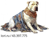 A pitbull dog sitting on a white background and covered with a beautiful scarf with a floral pattern. The dog is white with small spots on the body, its muzzle expresses calmness and confidence. The scarf draped over the dog is made in rich blue and gold tones with a floral pattern, creating an effect of luxury and sophistication. The image is made in the style of watercolor painting, which gives it softness and artistry. Стоковое AI-изображение, AI-художник Анна Кривицкая / Фотобанк Лори