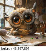 A cute owlet with large expressive eyes sitting at a table littered with various art supplies. The owl holds in its paws a piece of paper with multi-colored patterns and figures drawn on it. Scattered around him are pencils, pens, brushes and colorful buttons. In the background, windows are visible through which soft sunlight enters, illuminating the entire scene. The room is decorated with drawings and sketches, which creates an atmosphere of creative chaos. This image is ideal for themes related to creativity, art and children's imagination. Стоковое AI-изображение, AI-художник Анна Кривицкая / Фотобанк Лори