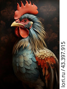 Close-up of a rooster with bright, richly colored feathers. The rooster has a large red comb and wattle, and a yellow beak. Its feathers are beautifully colored, ranging from blue and gray on the neck and back to orange and red on the wings and chest. A dark background with a subtle pattern emphasizes the brightness and contrast of the colors of the bird's feathers, creating a dramatic effect. Стоковое AI-изображение, AI-художник Анна Кривицкая / Фотобанк Лори