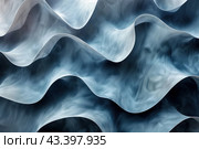 An abstract composition reminiscent of waves or folds of fabric. Smooth curves and flowing lines create a sense of movement and fluidity. The color palette ranges from light gray-blue tones to deeper and darker tones, giving the image depth and dimension. Light and shadow transitions enhance the effect of three-dimensionality and realism. The overall composition creates a feeling of calm and harmony, ideal for use in a variety of design and artistic projects. Стоковое AI-изображение, AI-художник Анна Кривицкая / Фотобанк Лори