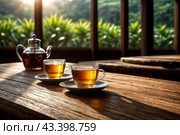 Set of variety ceylon teas on wooden table in meeting room at manufacturing plant on tea factory. Demonstration perfect tea for client. Production concept. Generate Ai illustration. Copy ad text space. Стоковое AI-изображение, AI-художник Aleksandr Golubev / Фотобанк Лори