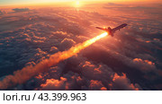 Aircraft Flying Through Sunset Clouds With Contrail. Стоковое AI-изображение, AI-художник Сергей Толмачёв / Фотобанк Лори