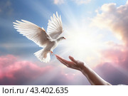 A hand and a flying white dove in the blue sky. The concept of freedom, International Day of Peace. Стоковое AI-изображение, AI-художник Виктория Тельминова / Фотобанк Лори