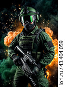 Portrait of male in uniform and helmet with weapon at explosion, smoke, fire sparks on black green background. Tactical units of police, military mission. Problems unrest concept. Copy ad text space. Стоковое AI-изображение, AI-художник Aleksandr Golubev / Фотобанк Лори
