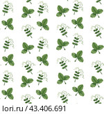 Акварельный паттерн с листьями клубники и гороха. Delicate watercolor pattern with green herbs, strawberry and pea leaves. Hand drawn vegetable foliage elements seamless pattern. Texture for fabric, textile, wrapping paper etc. Стоковая иллюстрация, иллюстратор Карнаухова Елена / Фотобанк Лори