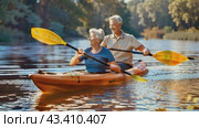 An elderly couple is paddling a kayak together on a serene river, enjoying the scenic view. Стоковое AI-видео, аниматор Юрий Поздников / Фотобанк Лори