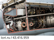 BERLIN - JUNE 05, 2024: The turboprop engine Europrop TP400-D6, military transport aircraft Airbus A400M Atlas, close-up. ILA Berlin Air Show 2024. Редакционное фото, фотограф Sergey Kohl / Фотобанк Лори