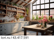 The interior of the loft-style kitchen with lots of green potted plants in attic with a large window. Green house, modern kitchen. ai generated. Стоковое AI-изображение, AI-художник Ольга Симонова / Фотобанк Лори
