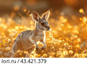 Young Kangaroo in Golden Australian Field at Sunset. Стоковое AI-изображение, AI-художник Сергей Толмачёв / Фотобанк Лори