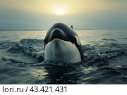 Orca Whale Surfacing At Sunset In Ocean Waters. Стоковое AI-изображение, AI-художник Сергей Толмачёв / Фотобанк Лори