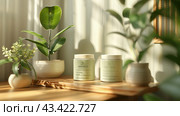 Two Green Jars of Discoverer Product on Wooden Table. Стоковое AI-изображение, AI-художник Сергей Толмачёв / Фотобанк Лори