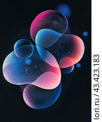 Holographic blob shapes inspired by biology objects flying on black background. Abstract stuff. Стоковое AI-изображение, AI-художник Катерина Ковалева / Фотобанк Лори