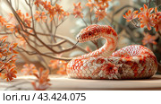 A Red Corn Snake Poses Among Orange Blossoms in Natural Light. Стоковое AI-изображение, AI-художник Сергей Толмачёв / Фотобанк Лори