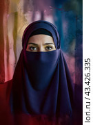 A woman wearing a blue hijab with her eyes uncovered, AI. Стоковое AI-изображение, AI-художник Сергей Старуш / Фотобанк Лори