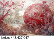 A fantastic landscape reminiscent of an alien world. In the center of the composition is a huge red spherical object, covered with complex interweaving patterns and branches. Trees and shrubs grow around the sphere, also made in an elegant and detailed style, with intricate interweaving of branches and roots. The color palette of the image includes shades of red, pink and white, creating an atmosphere of fabulousness and unreality. In the distance you can see a small human figure, which emphasizes the scale and grandeur of the surrounding world. The style of the image is reminiscent of watercolor and graphics, giving it an artistic sophistication. Стоковое AI-изображение, AI-художник Анна Кривицкая / Фотобанк Лори