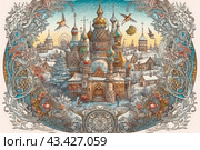 Winter fairytale scene made in an artistic style with elements of traditional Russian architecture. In the center of the composition is a majestic temple with bright domes covered with patterns and decorations. The building is surrounded by other buildings made in the same style, with gabled roofs and decorative elements.The background of the stage is filled with snow-covered trees and houses, creating an atmosphere of winter celebration and comfort. Birds fly across the sky, adding movement and life to the picture. Along the edges of the image there are decorative patterns with floral motifs that frame the main scene and give it additional elegance and artistry. The entire composition is made in warm and cold colors, creating a harmonious combination of colors. Стоковое AI-изображение, AI-художник Анна Кривицкая / Фотобанк Лори