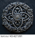 Decorative item in the style of Celtic ornament. The central element of the composition is a round medallion with an elegant pattern consisting of intertwining lines and curls. In the center of the medallion is a convex flower with multi-layered petals. Surrounding the central flower are delicate foliage motifs and highly detailed berry clusters.The medallion is made in silver shades with a slight patination effect, which gives the product an antique look. The outer edge of the medallion is decorated with complex ornamental elements, creating the effect of depth and volume. The background of the image is dark, which emphasizes the shine and sophistication of the metal patterns, creating contrast and highlighting the detail. Стоковое AI-изображение, AI-художник Анна Кривицкая / Фотобанк Лори