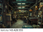 Захламленный гараж. Стоковое AI-изображение, AI-художник Щеголева Ольга / Фотобанк Лори