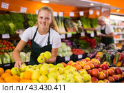 Fifteen-year-old girl who works part-time as a trainee saleswoman puts apples on the counter. Стоковое фото, фотограф Яков Филимонов / Фотобанк Лори