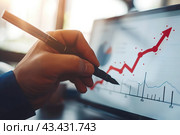 Increased profits. Benchmarking. Businessman analyzes profitability of working companies with digital augmented reality graphics, positive indicators, growing up graph and charts, colorful arrows. Стоковое AI-изображение, AI-художник Марина Демидюк / Фотобанк Лори